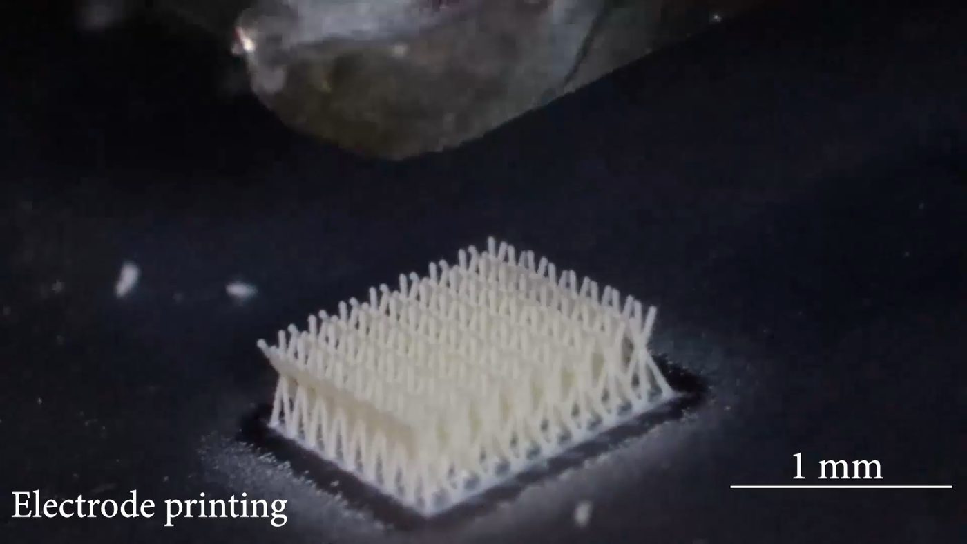 Close-up of a Power 3D 3D-printed battery electrode microstructure, printed at sub-millimeter scale